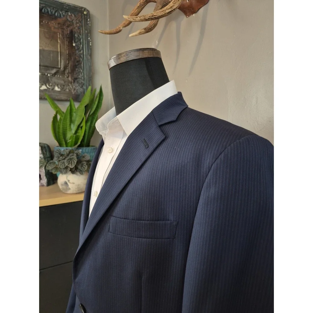 Hart Schaffner Marx Mens Wool Sport Coat 44L Blue Striped 2 Button USA D606